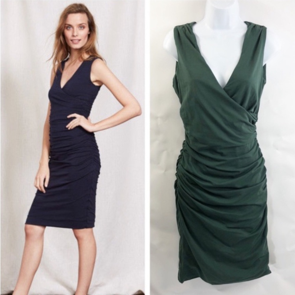 Boden Crossover Ruched Body Con Dress Green Sleeveless V-Neck Size 8R Cocktail